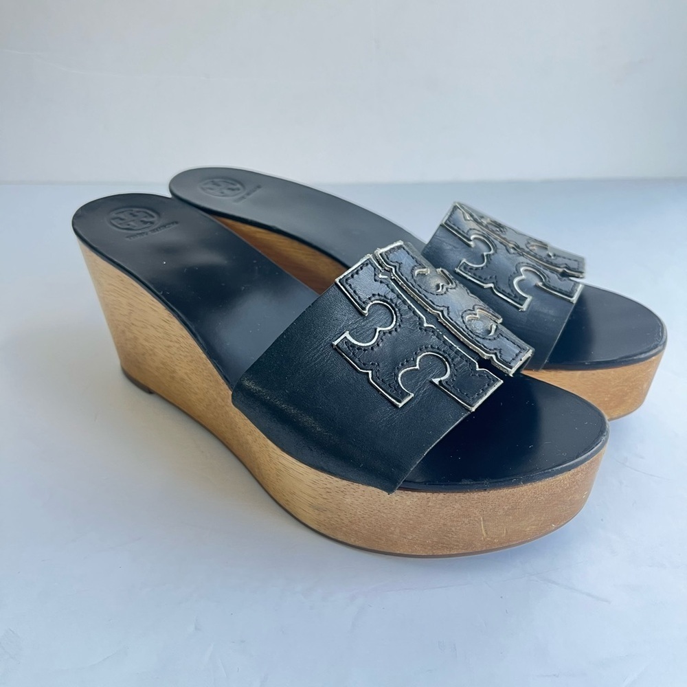 Tory Burch Black Wooden Wedge Slide Sandals Size 10 Medium